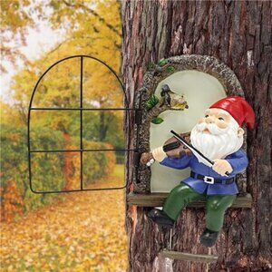 Gnome Tree Hugger, Funny Musical Gnome Garden Sculpture, Whimsical Tree Decor
